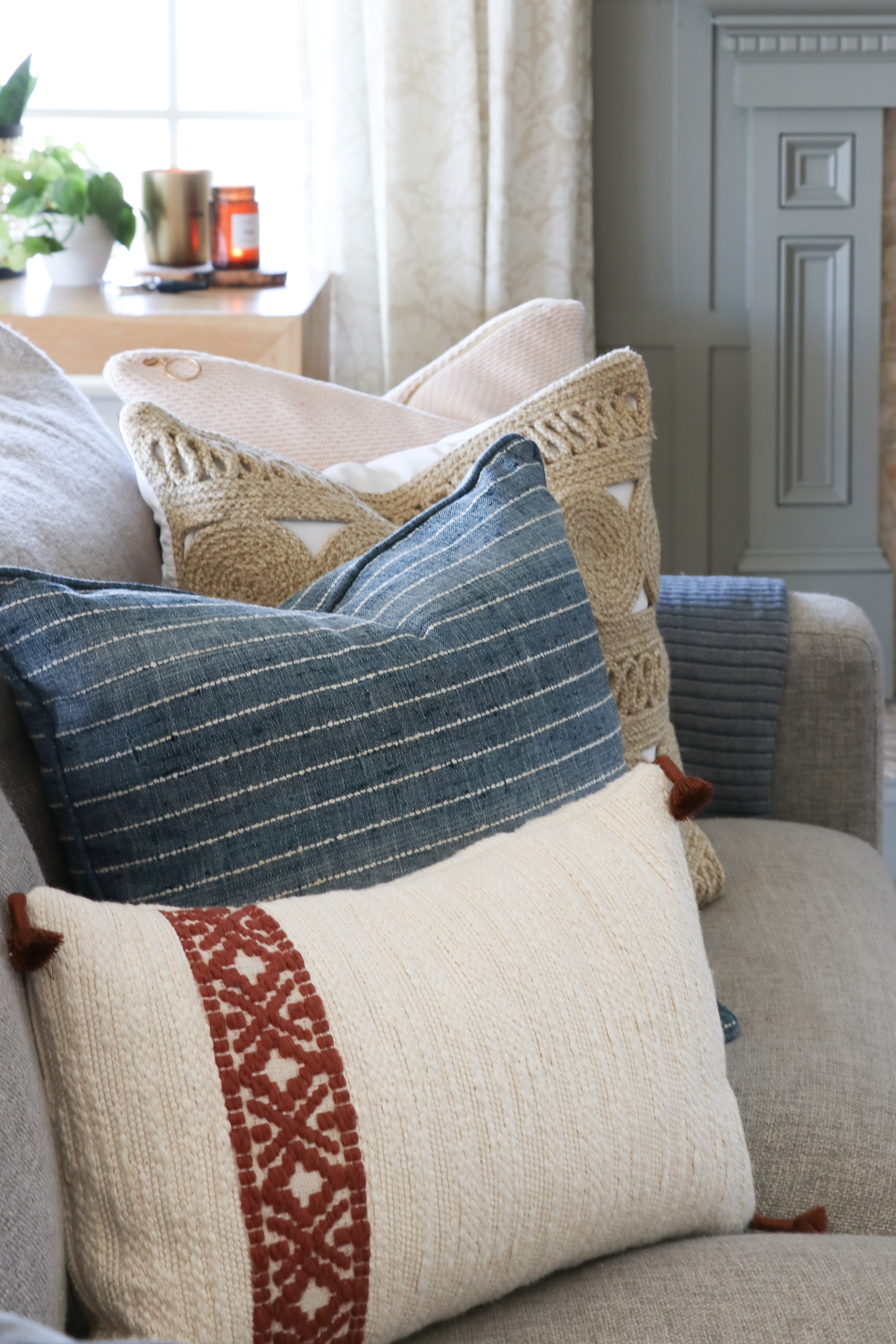 Family Room Reveal-Bridgerton Meets the Long Island Coast. Rug Malta/Natural by Annie Selke. Antionette drapes and pillows by Annie Selke. Paint is Desert Twilight Benjamin Moore.