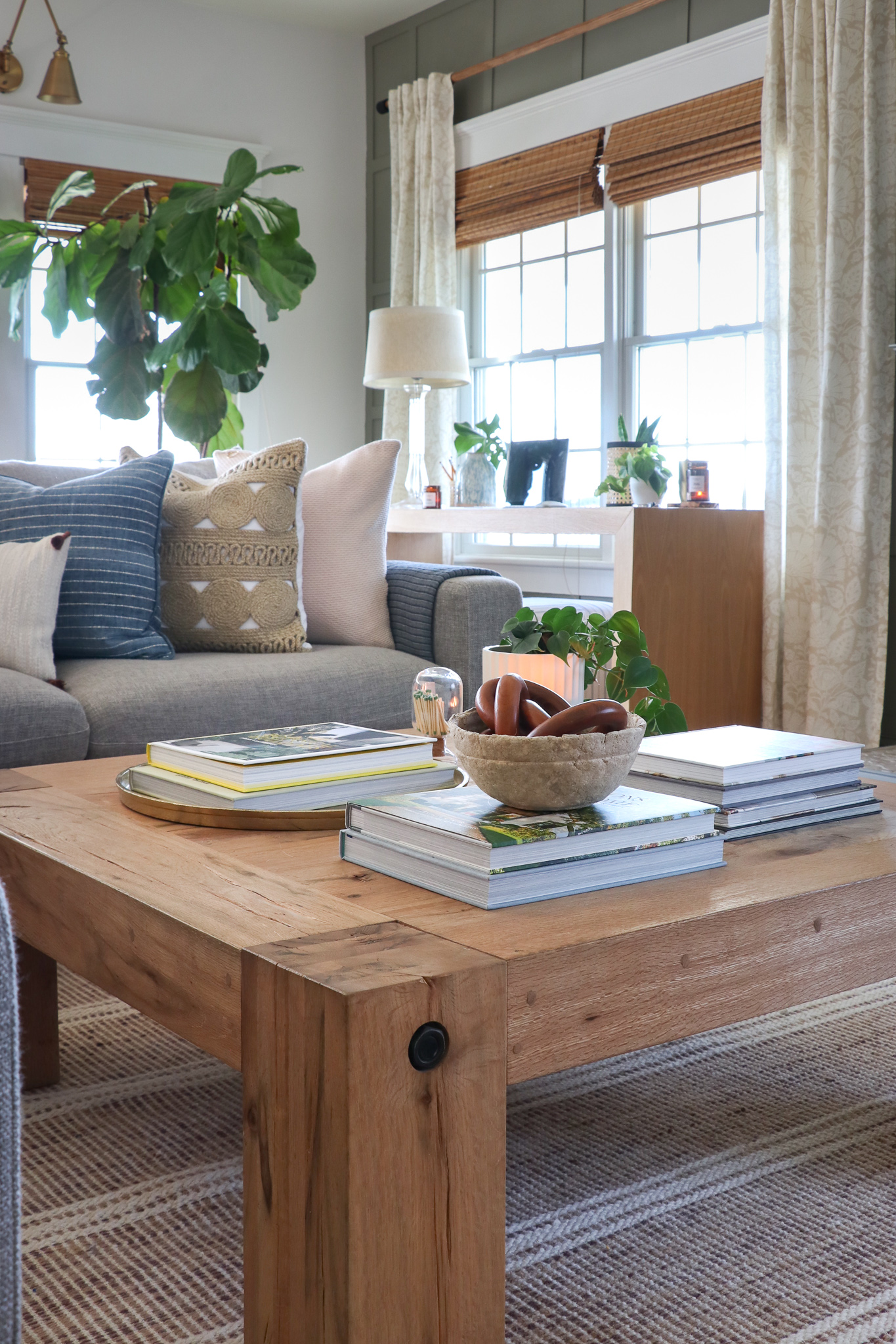 Family Room Reveal-Bridgerton Meets the Long Island Coast. Rug Malta/Natural by Annie Selke. Antionette drapes and pillows by Annie Selke. Paint is Desert Twilight Benjamin Moore.