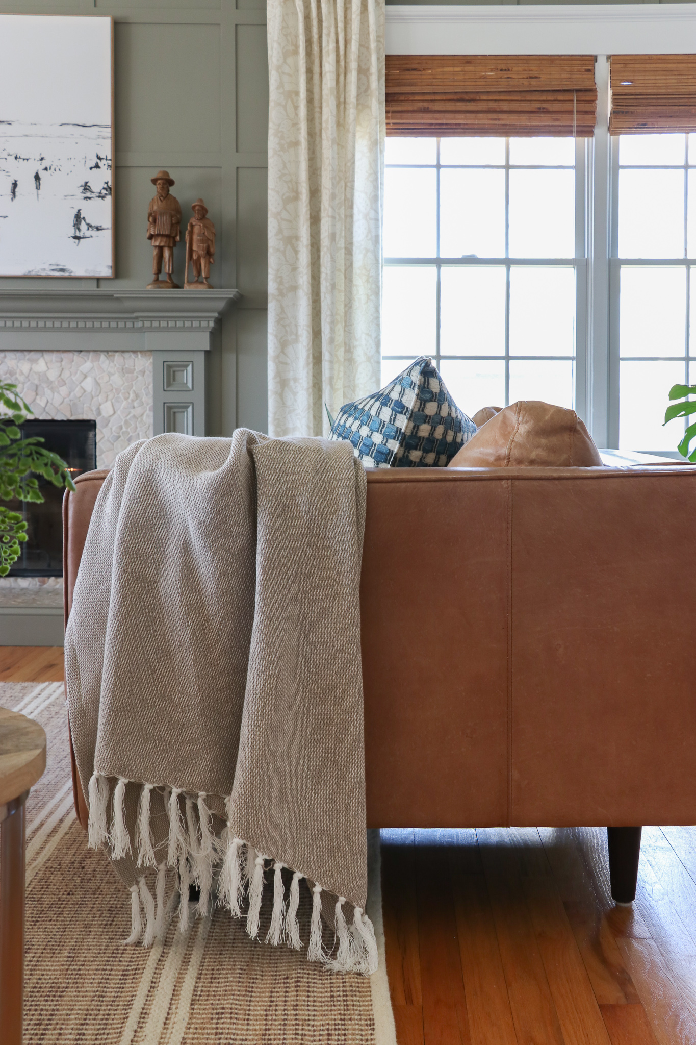 Family Room Reveal-Bridgerton Meets the Long Island Coast. Rug Malta/Natural by Annie Selke. Antionette drapes and pillows by Annie Selke. Paint is Desert Twilight Benjamin Moore.