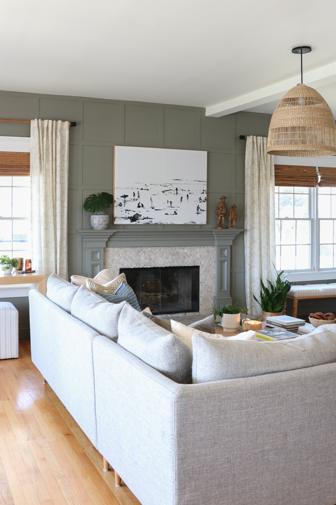 Family Room Reveal-Bridgerton Meets the Long Island Coast. Rug Malta/Natural by Annie Selke. Antionette drapes and pillows by Annie Selke. Paint is Desert Twilight Benjamin Moore.