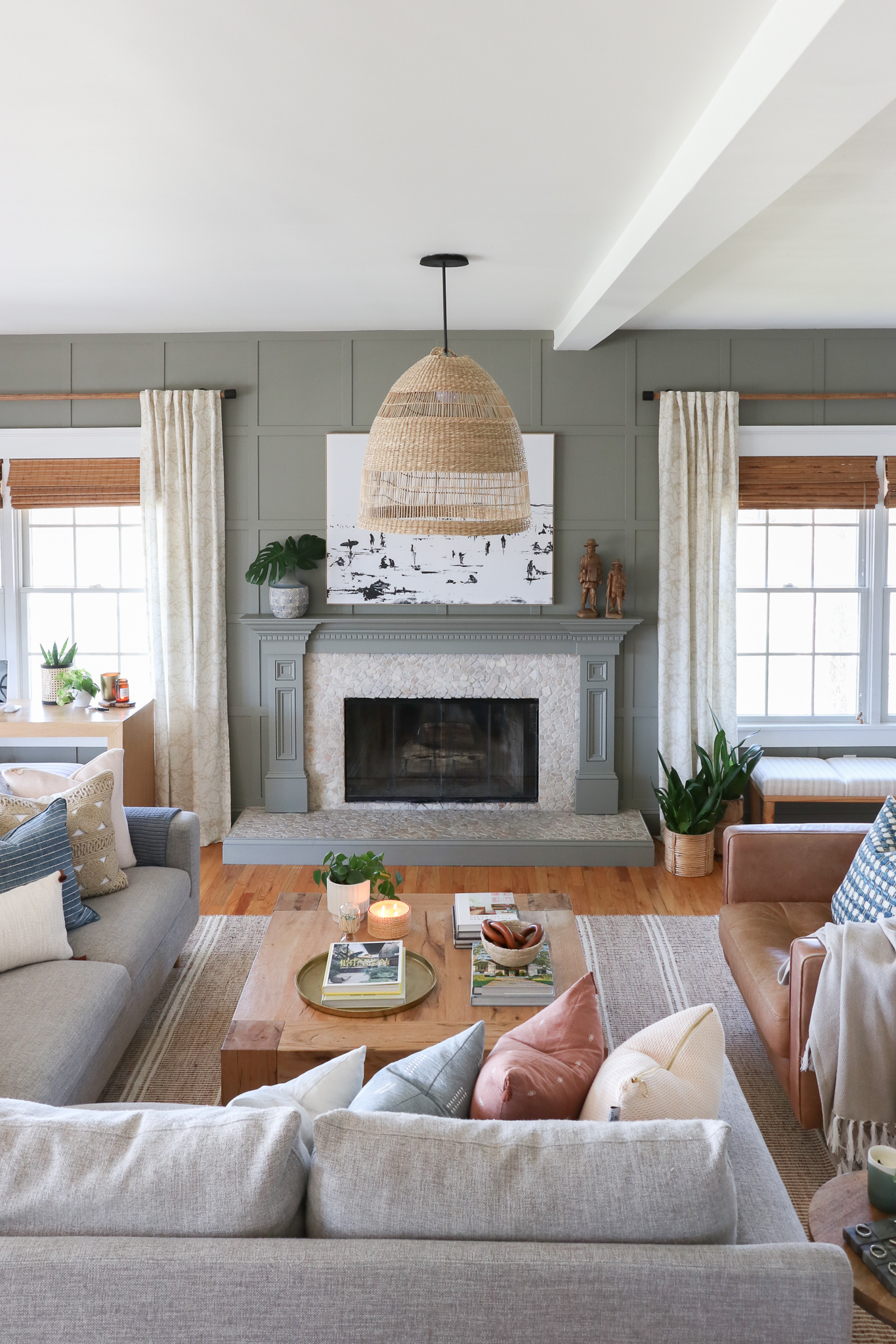 Family Room Reveal-Bridgerton Meets the Long Island Coast. Rug Malta/Natural by Annie Selke. Antionette drapes and pillows by Annie Selke. Paint is Desert Twilight Benjamin Moore.