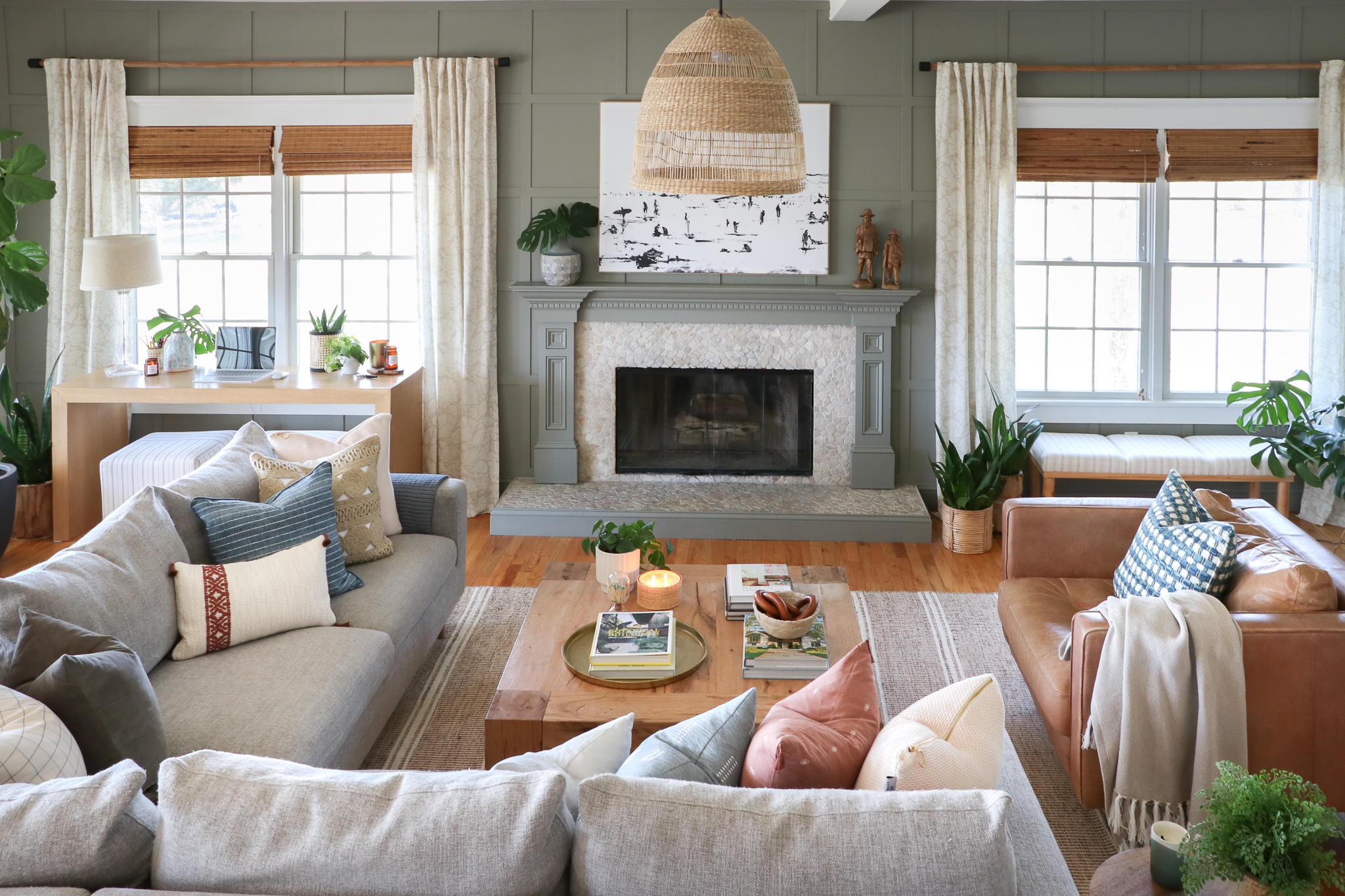 Family Room Reveal-Bridgerton Meets the Long Island Coast. Rug Malta/Natural by Annie Selke. Antionette drapes and pillows by Annie Selke. Paint is Desert Twilight Benjamin Moore.