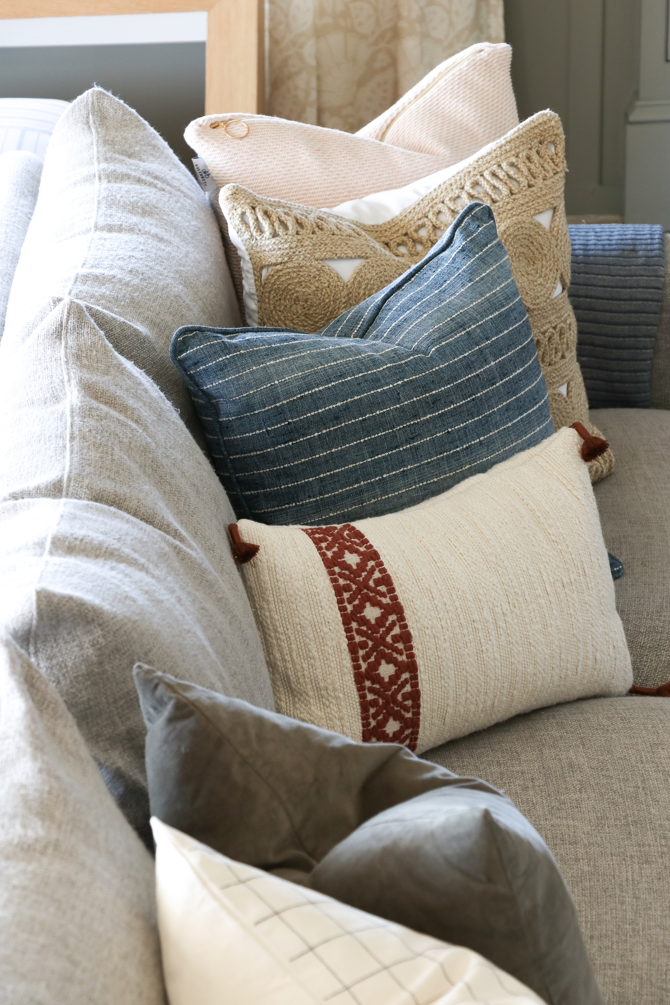 Family Room Reveal-Bridgerton Meets the Long Island Coast. Rug Malta/Natural by Annie Selke. Antionette drapes and pillows by Annie Selke. Paint is Desert Twilight Benjamin Moore.