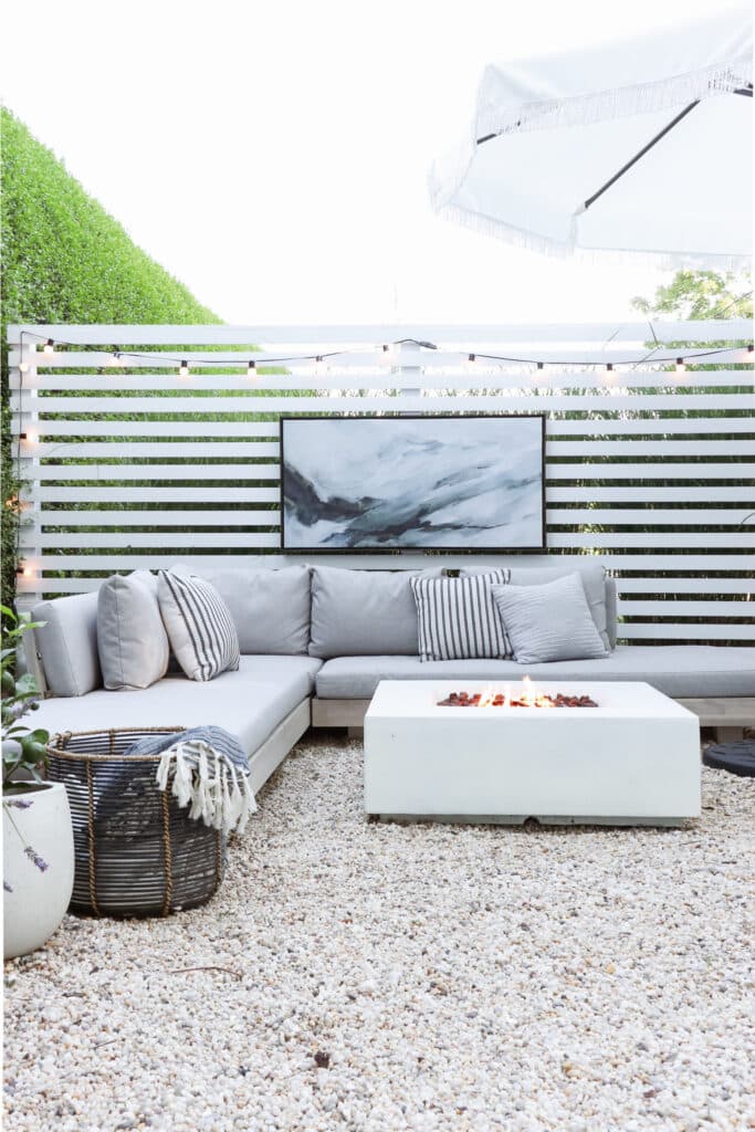 City Farmhouse by Jennifer OBrien Modern Coastal Home Tour. DIY Pea Gravel Patio.