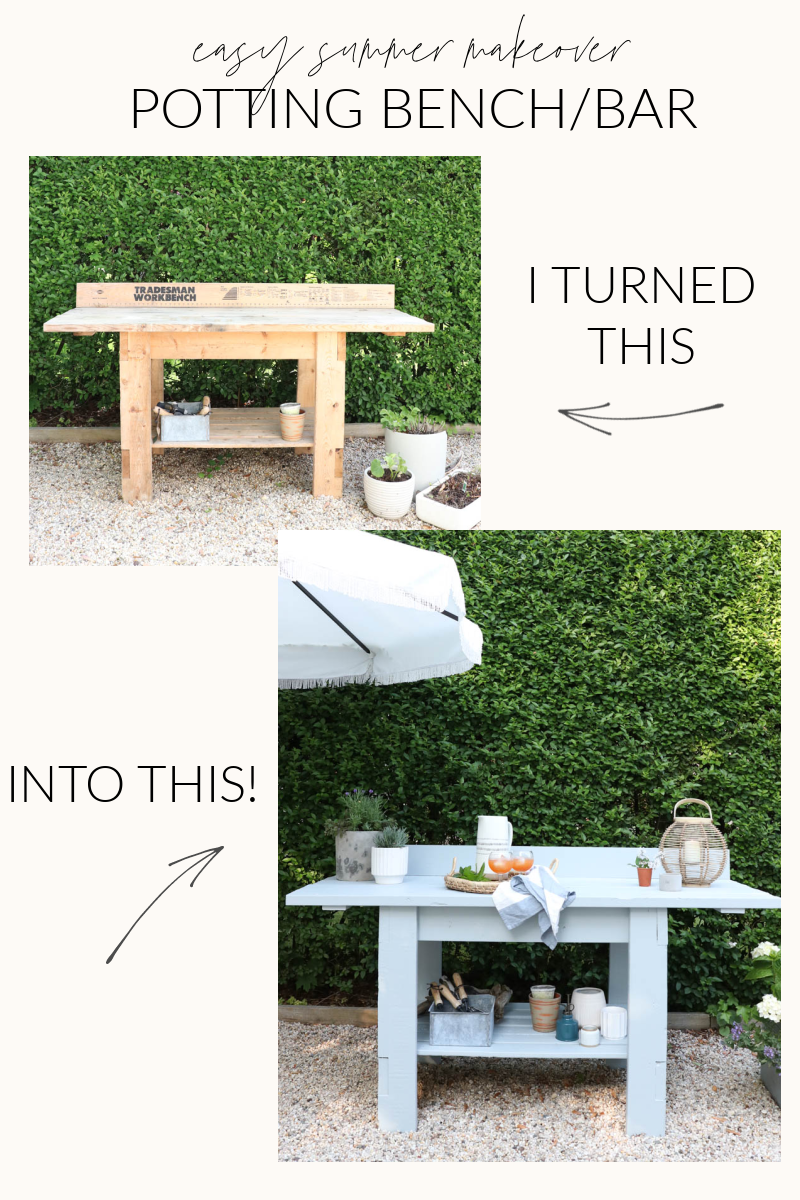 City Farmhouse by Jennifer OBrien. Free workbench turned into potting bench + outdoor bar. DIY pea gravel patio. Boothbay Gray by Benjamin Moore.