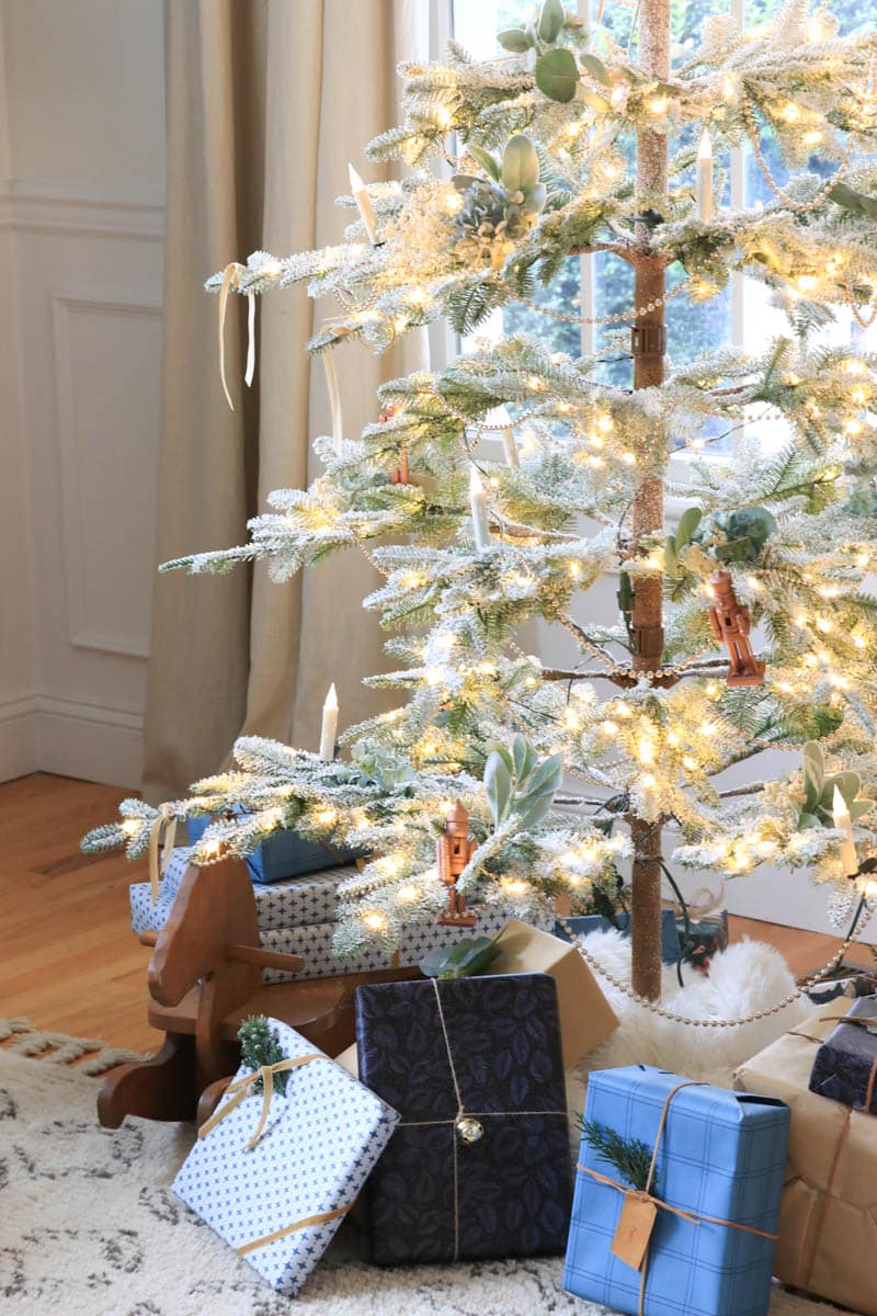 Balsam Hill Frosted Alpine Fir. Natural and Romantic Christmas Tree Ideas. Dried Flowers, velvet ribbon, and nutcrackers. City Farmhouse Christmas Tree.