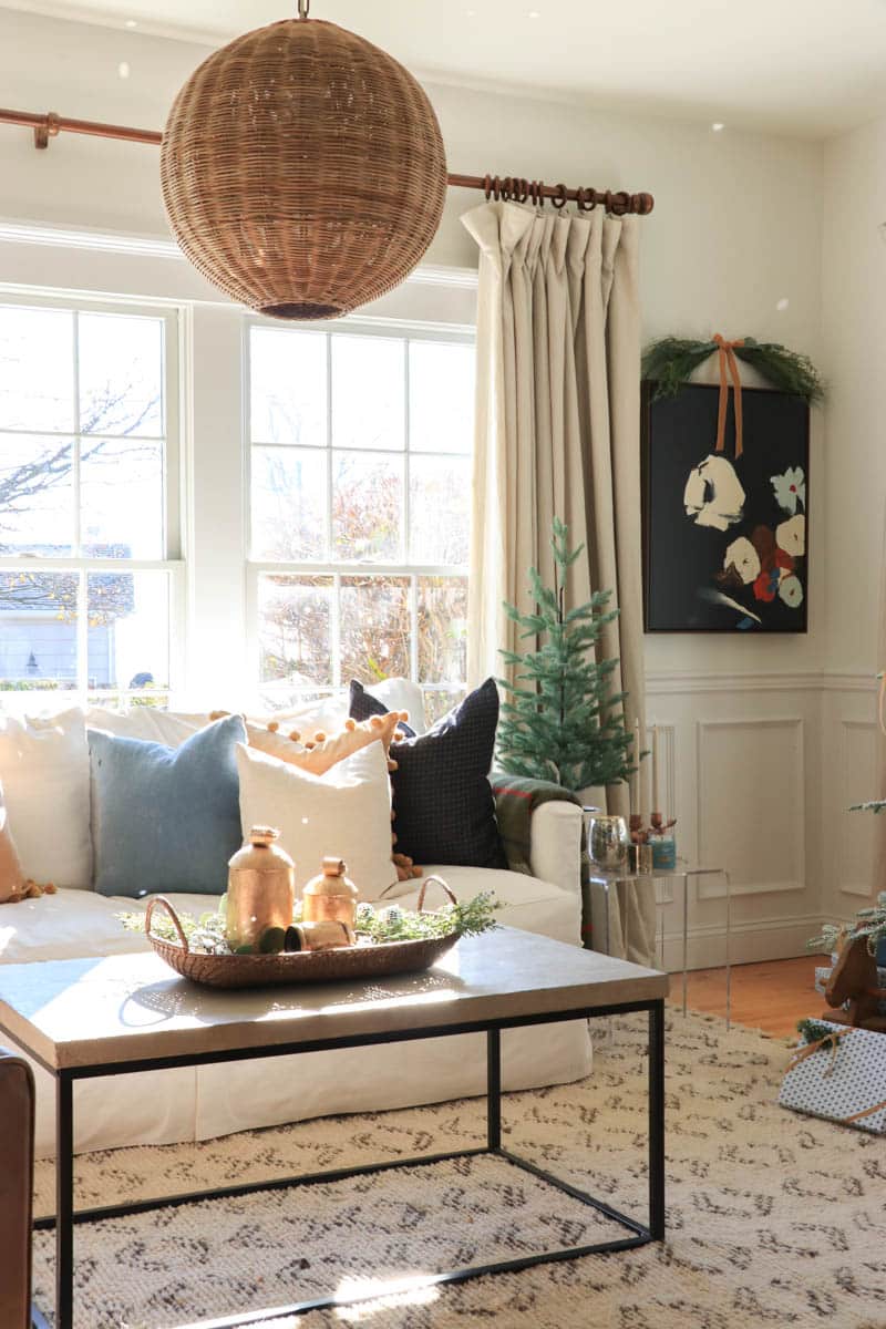 Romantic and Natural Christmas Den Tour. City Farmhouse by Jennifer OBrien. Seasons of Home Holiday Tour. Christmas House Tour. Moody Colors, botanicals, velvet pillows, Alpine Fir Balsam Hill Christmas Tree.