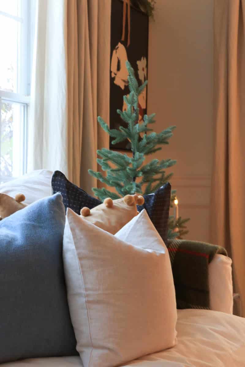 Romantic and Natural Christmas Den Tour. City Farmhouse by Jennifer OBrien. Seasons of Home Holiday Tour. Christmas House Tour. Moody Colors, botanicals, velvet pillows, Alpine Fir Balsam Hill Christmas Tree.