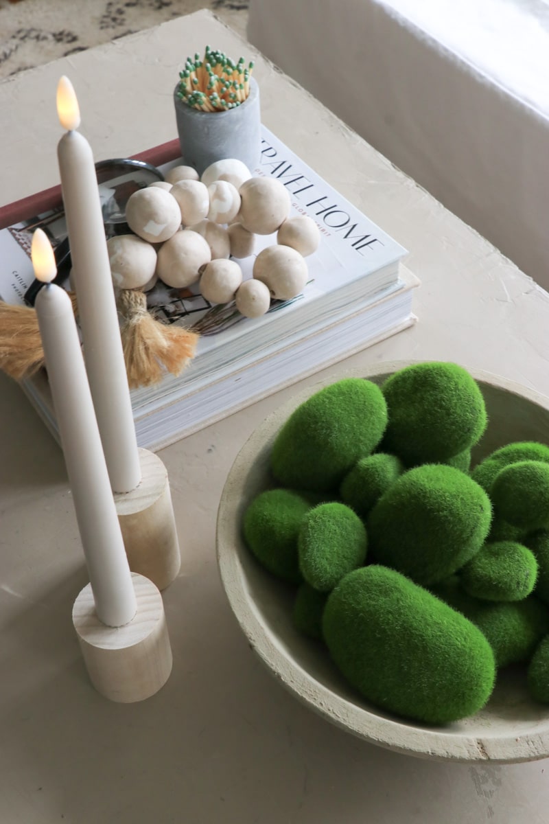 DIY Plaid Pillows and Moss Stones