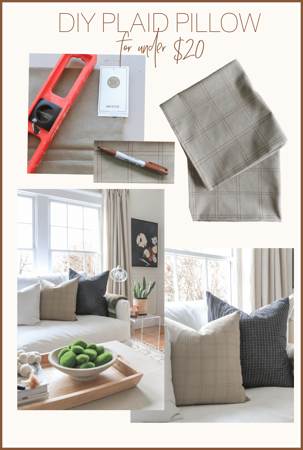 DIY Plaid Pillows and Moss Stones