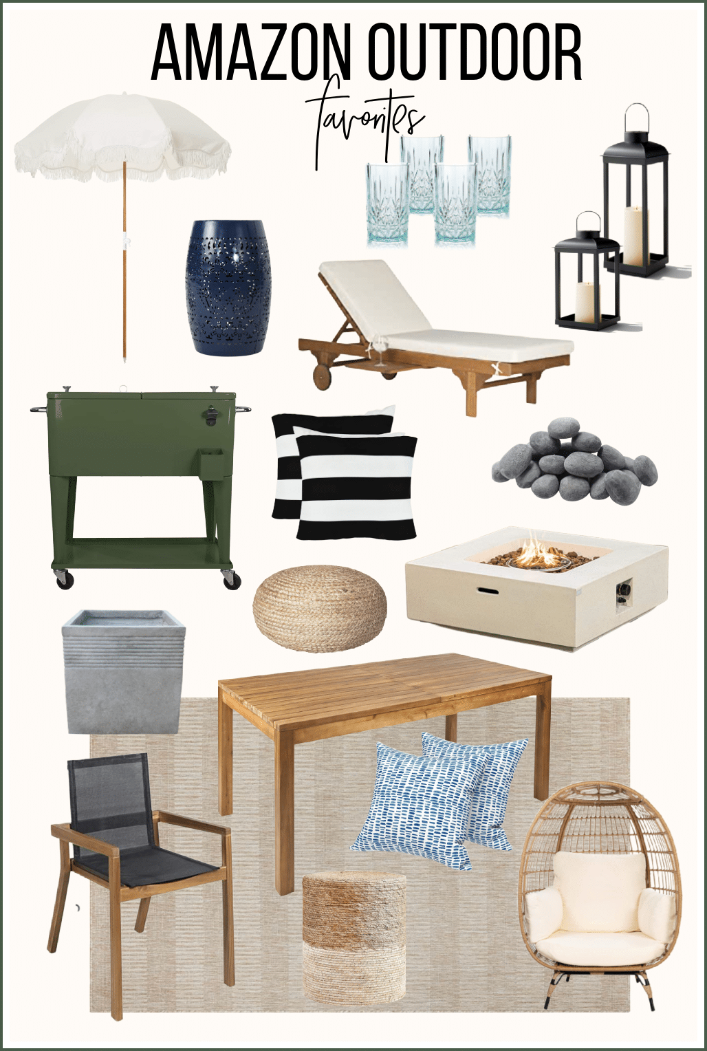 Amazon Outdoor Favorites. Firepit, Outdoor Poufs, Scalloped Umbrella, Pillows, Lounge Chair, Concrete Planter, Dining Table, Egg Chair, Hanging Chair, Outdoor Rug, Cooler, Solar Lanterns,  Amazon Home. City Farmhouse by Jennifer OBrien