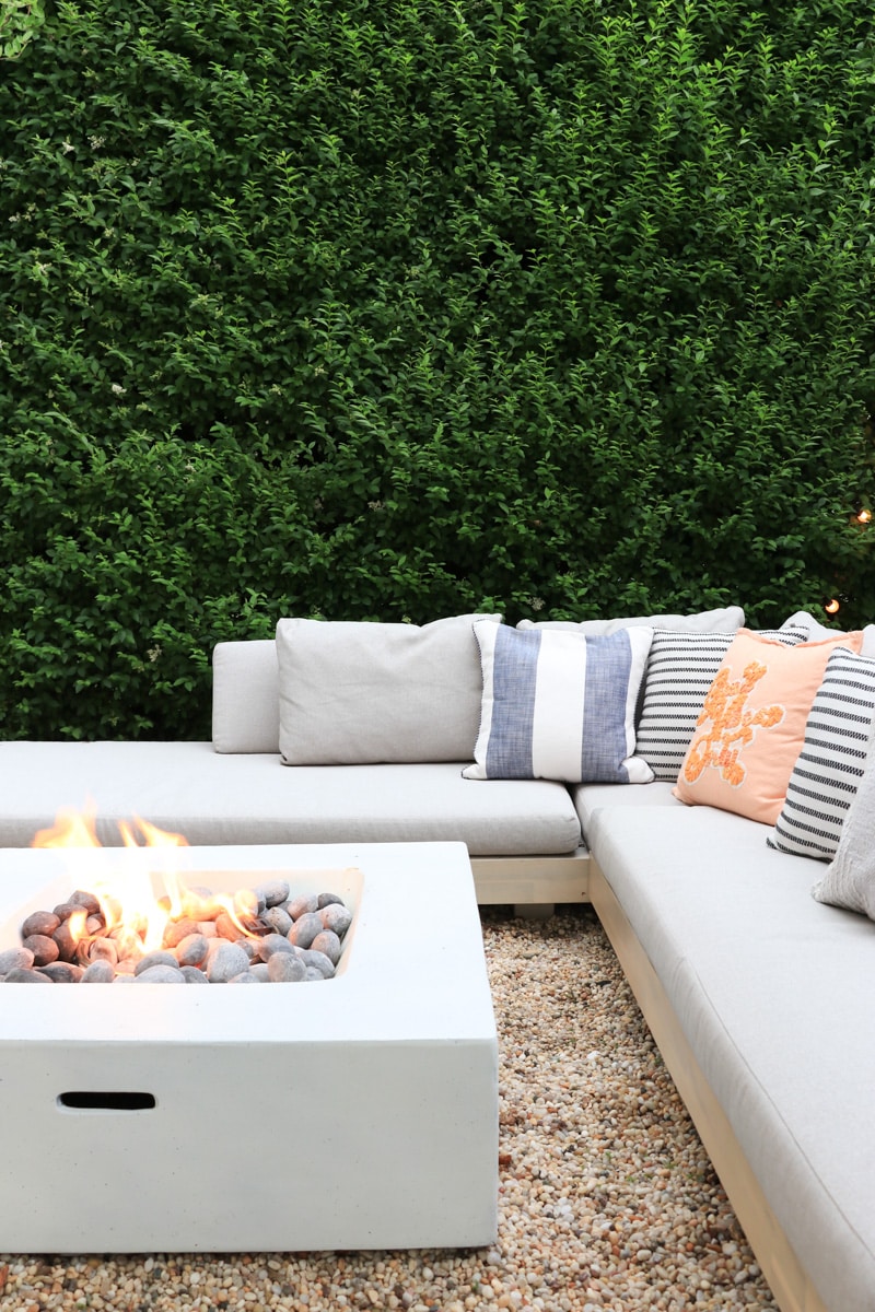 Outdoor sectional from Article, the Lubek. The firepit is from Amazon. Striped pillow Serena & Lily